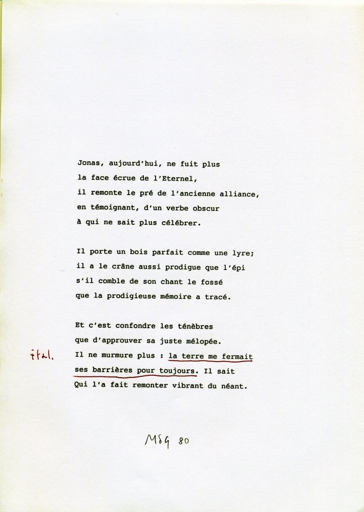 Quatrième page tapuscrite de «La sainte alliance» (nouvelle version datant de 2000), ultime poème du Mensonge des genres publié la première fois aux éditions de l’Aire en 1989. 